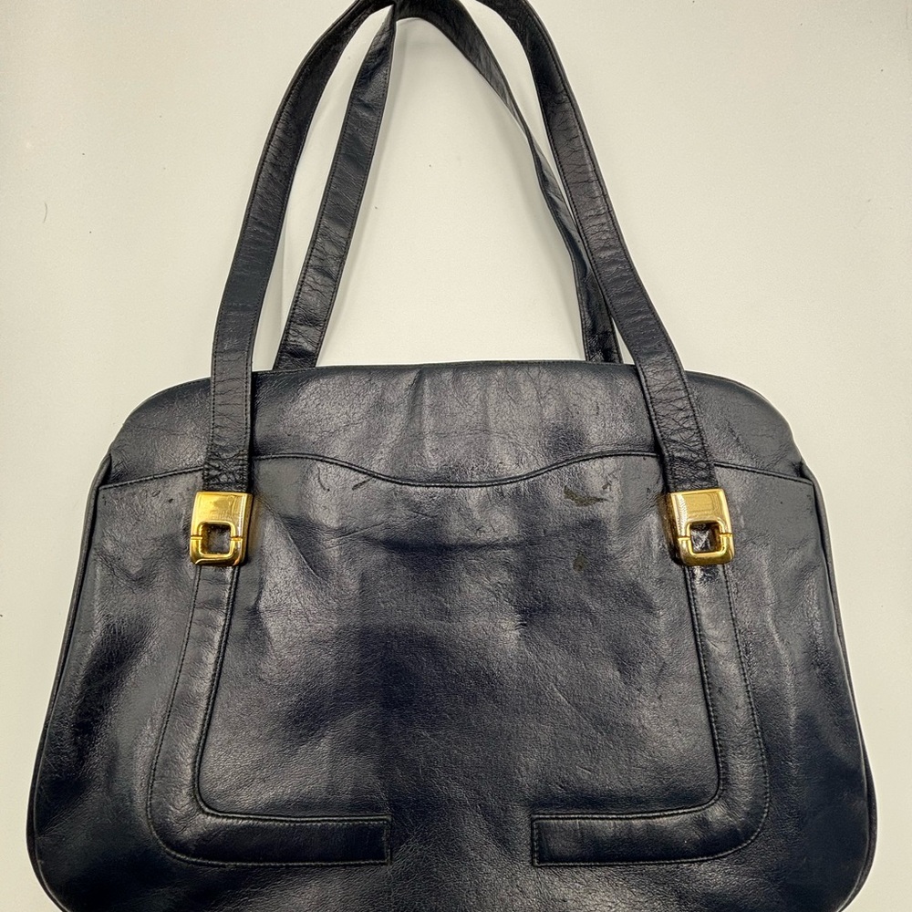 Vtg Lou Taylor Leather Handbag Navy Purse w/Folding Mirror Made in Italy **